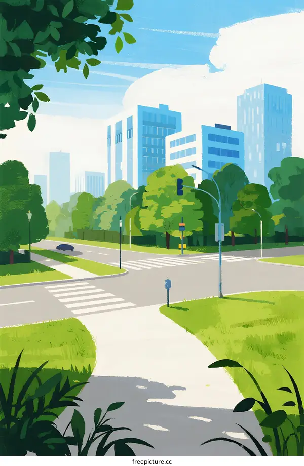 Modern Urban Street with Lush Greenery and Buildings