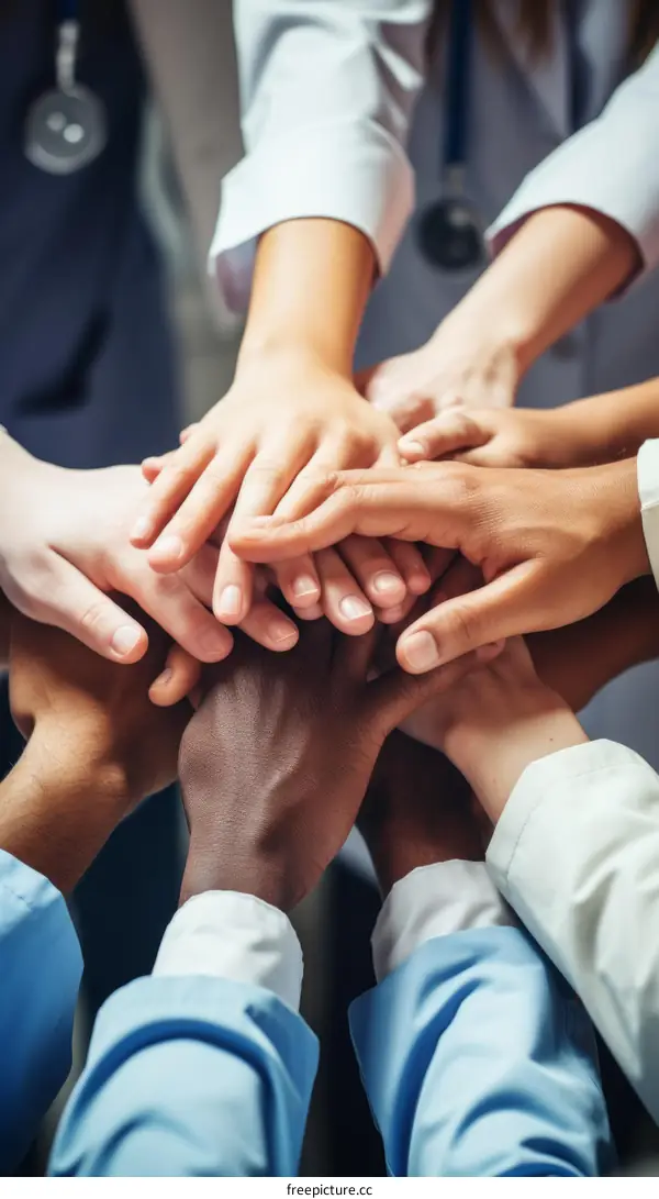 Multiracial group of doctors joining hands together
