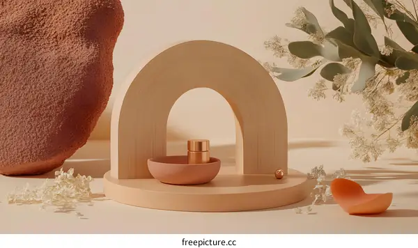 Minimalist Product Display with Wooden Arch and Floral Decorations