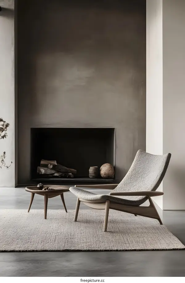 Modern Minimalist Living Room Interior Design with Cozy Fireplace and Armchair