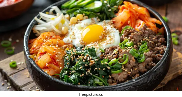 Korean Bibimbap with Egg, Spinach, Bean Sprouts, Carrot, and Kimchi