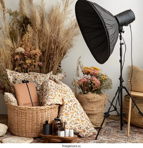 Floral Bedding Photography Studio Setup With Dried Flowers and Lighting