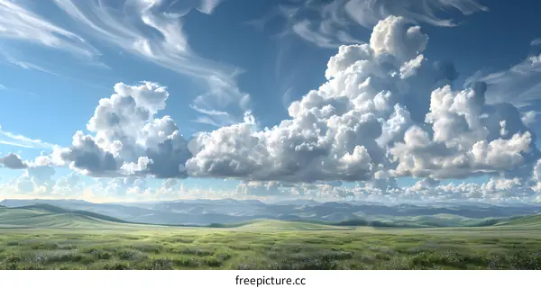 Field of grass and flowers under a blue sky with white clouds