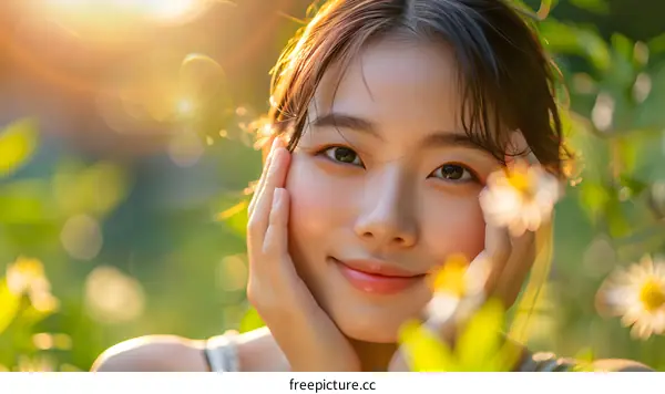 Beautiful Asian Woman Smiling in a Field of Flowers