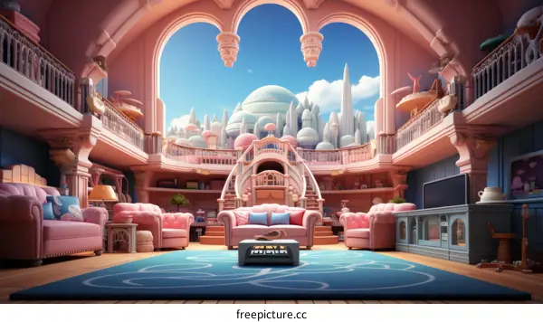 A pink living room with a view of a futuristic city