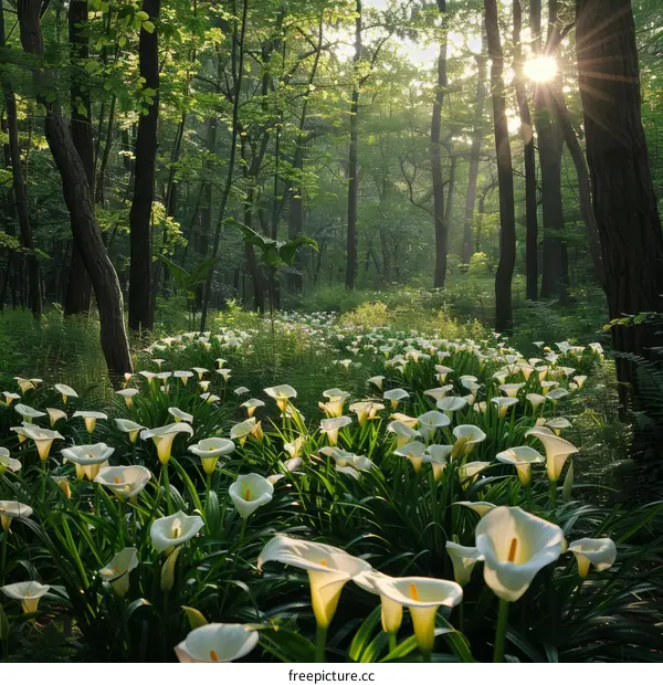 White Calla Lilies Bloom in a Lush Forest