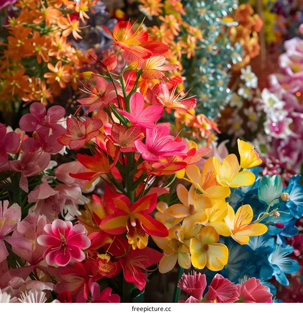 Close Up Colorful Artificial Flowers Background