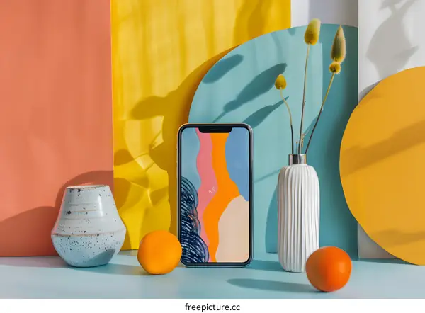 Modern Still Life with a Smartphone and Abstract Wallpaper on a Colorful Background