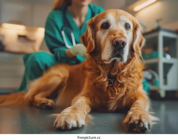Close up of a golden retriever being examined by a veterinarian