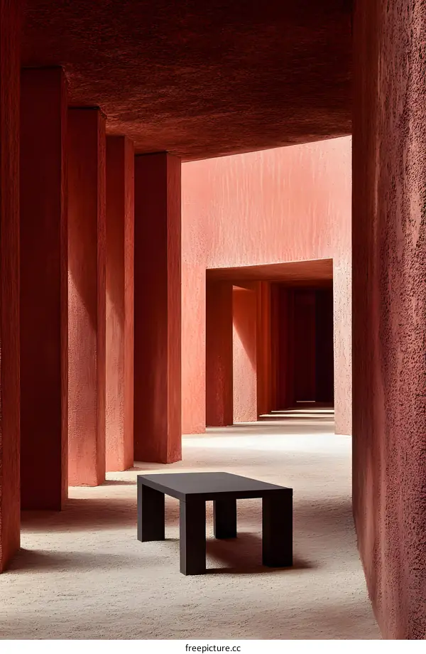 Red Wall Corridor with Black Table