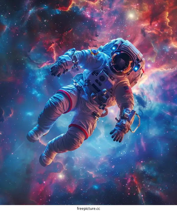 Astronaut in Space Suit Floating Weightless in Universe