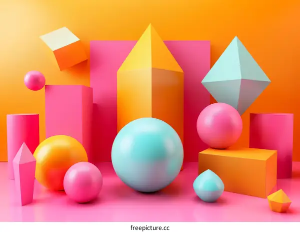Colorful 3D shapes on a pink and orange background