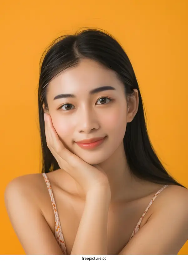 Portrait of a Young Asian Woman with Long Black Hair Smiling