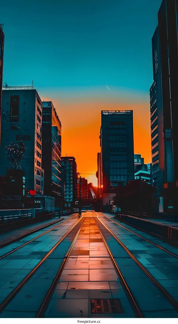 Street View of Modern Cityscape with Tram Tracks Leading to Sunset Sky