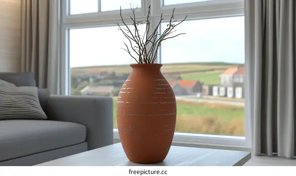 A Terracotta Vase with Dried Branches in a Living Room