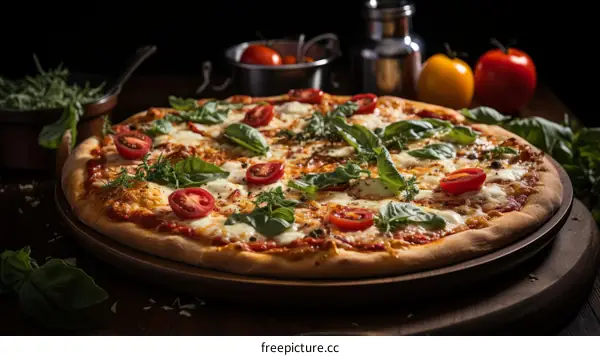 A delicious pizza with tomatoes, basil, and mozzarella cheese