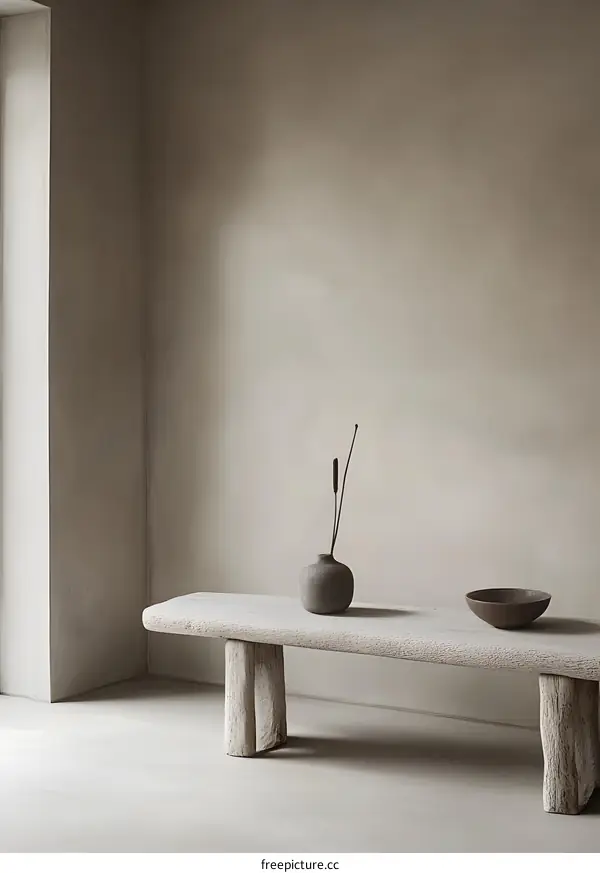 Minimalist Interior Design with Wooden Bench and Vase