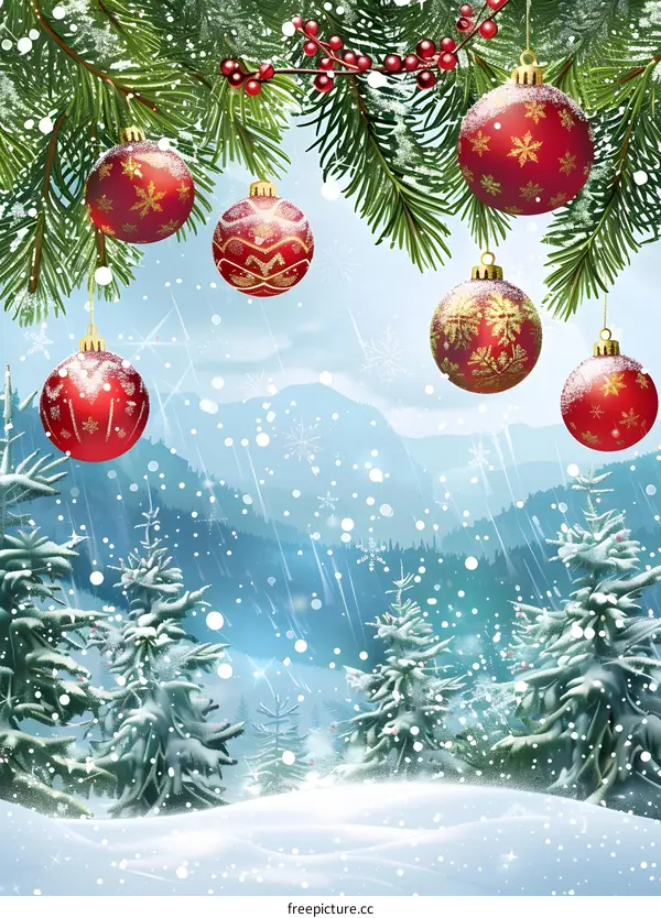 Christmas tree decorated with Christmas balls in the snowy forest