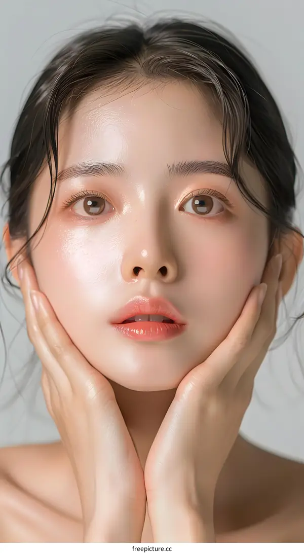 Portrait of a Young Woman with Smooth Skin and Long Black Hair