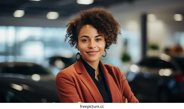 Portrait of a young African-American woman standing in a car dealership showroom