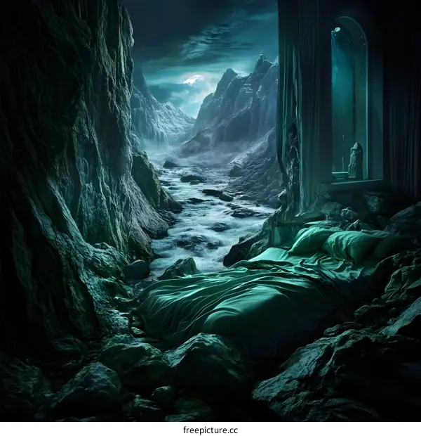 Fantasy Landscape with a Bed and a Mountain View