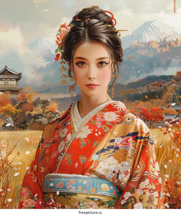 Portrait of a young woman in a kimono standing in a field of flowers with a mountain in the background