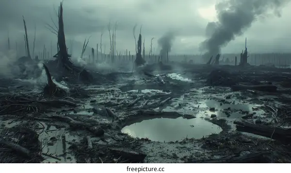 Post-apocalyptic landscape with dead trees and smoke