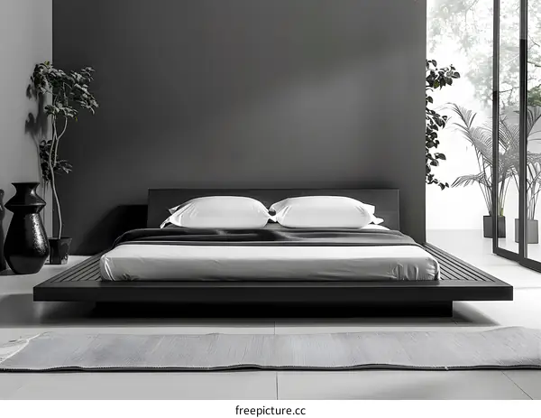 Minimalist Black Platform Bed in Modern Bedroom Interior