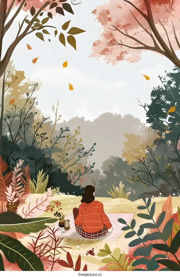 Girl Sitting in Forest With Blanket and Two Cups