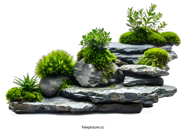 [Transparent Background PNG]A beautiful arrangement of rocks, moss, and plants on a white background.