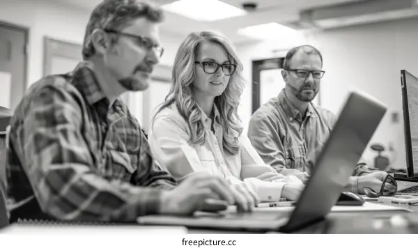 Three people in a meeting looking at a laptop