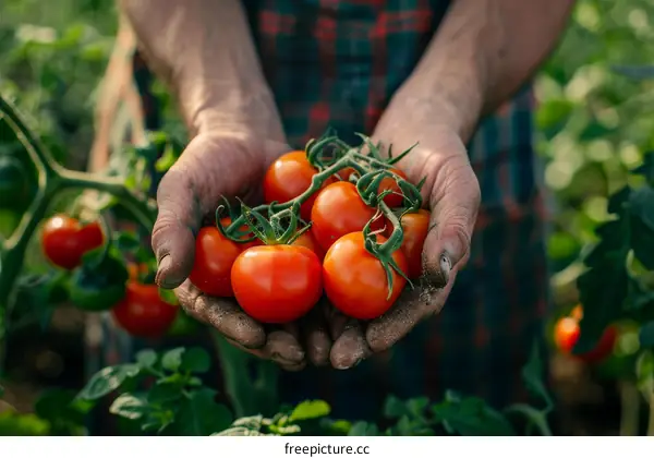 Close-up of a farmer holding a handful of ripe tomatoes