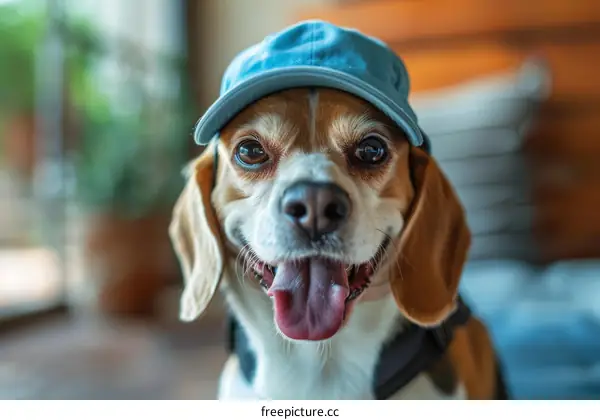 A Beagle dog wearing a blue hat