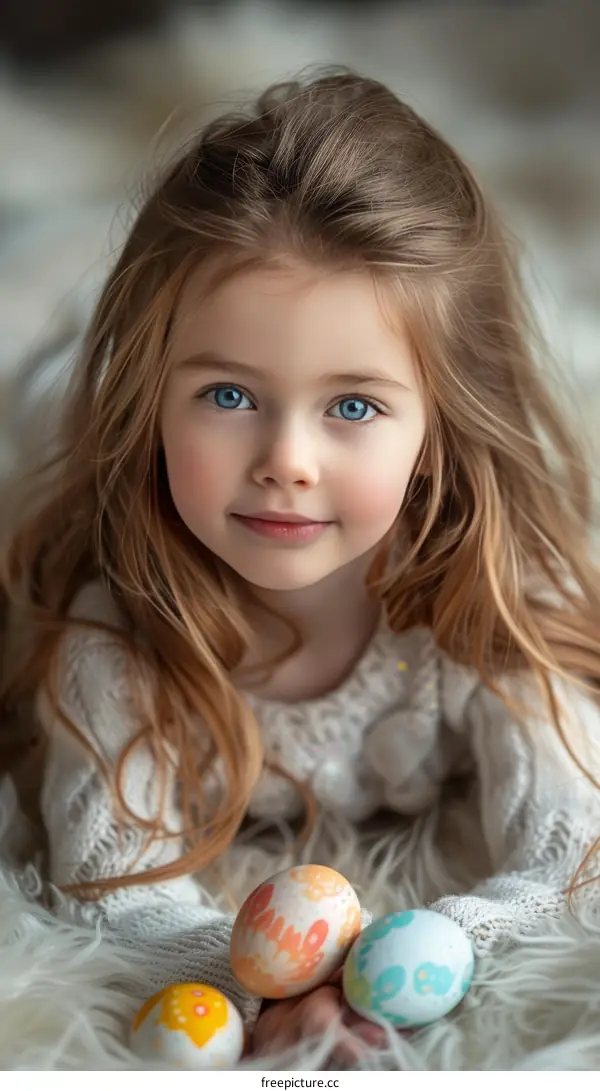 Little girl with blue eyes and brown hair holding Easter eggs