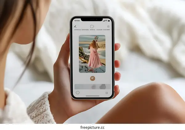Woman Using Smartphone to View Photo of Woman in Pink Dress on a Rocky Beach