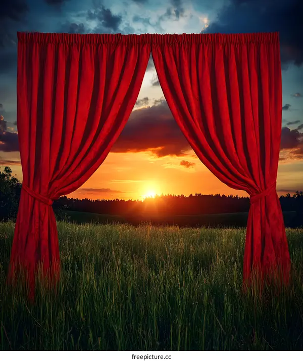 Red Curtains Open to Reveal a Sunset Over a Field