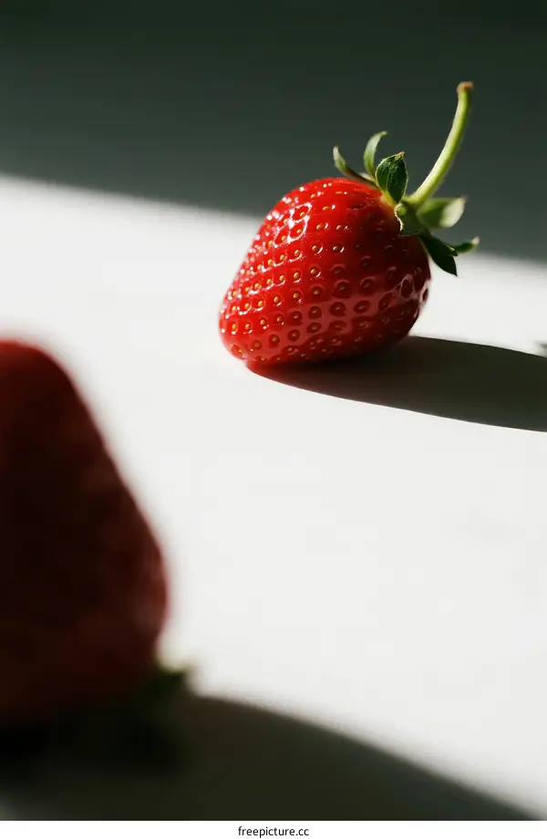 Fresh Ripe Strawberry with Green Leaf on White Surface