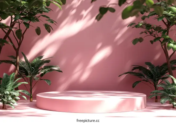 Pink Display Podium Surrounded by Lush Plants