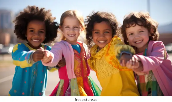 Four young girls of different ethnicities smiling and holding hands