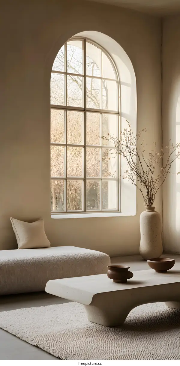 Minimalist Interior Design with Arch Window and Beige Decor