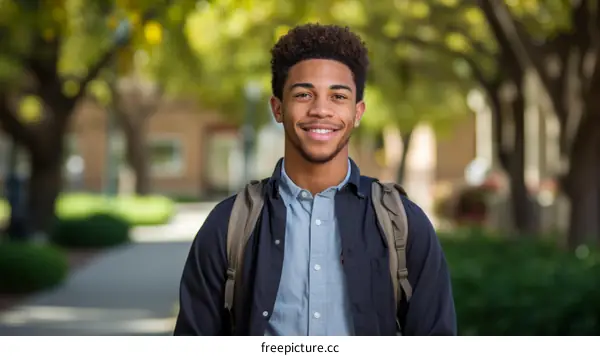 A young African-American male college student smiles for the camera on a college campus.