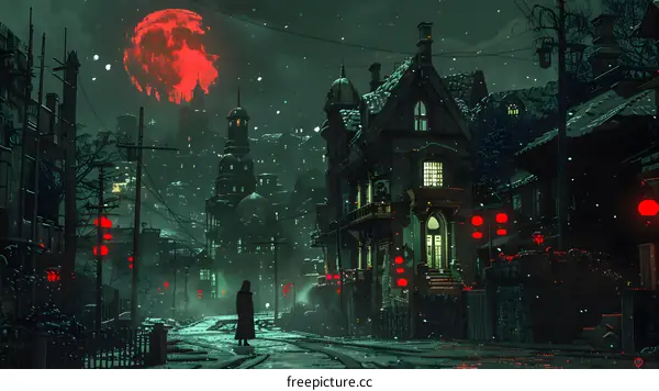 A dark and gloomy city street with a red moon in the sky
