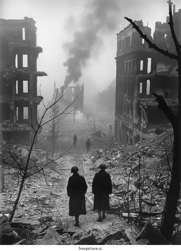Two soldiers walking through a destroyed city during World War II