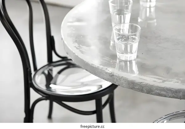 Closeup of a Concrete Tabletop with Glasses of Water