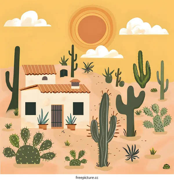 Desert House With Cactus Landscape Illustration