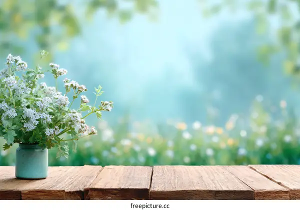 Spring Flowers on Wooden Tabletop with Nature Background