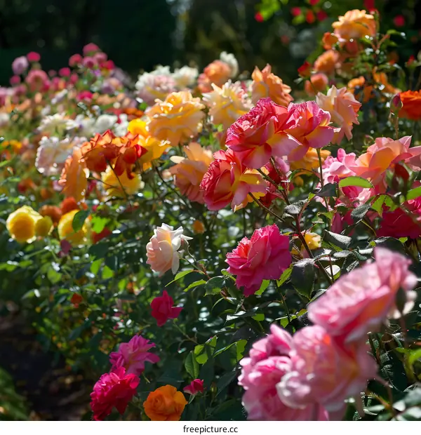 Colorful Rose Garden Blooming in Sunlight