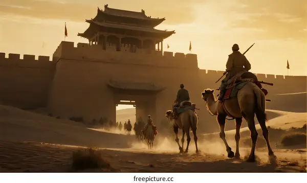 Ancient Chinese Fortress with Camel Caravan at Sunset