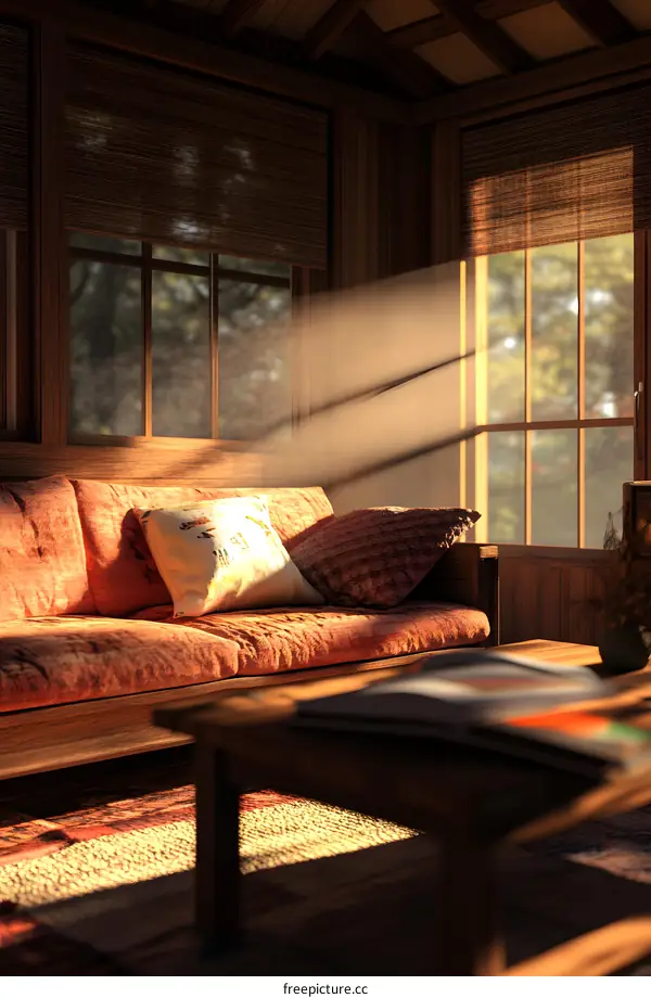 Sunlight Streaming Through Windows in a Wooden Cabin Living Room