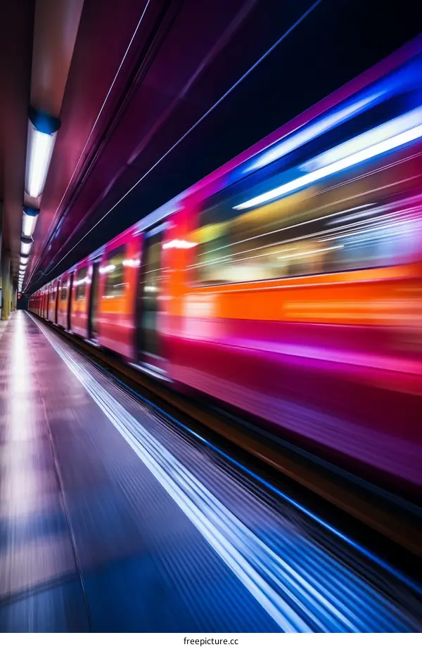 A metro train speeding through a station at night